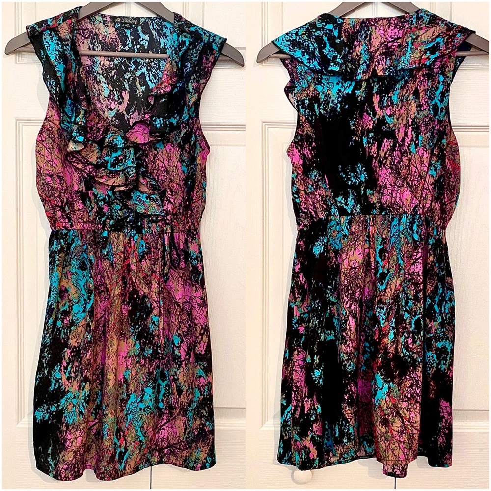 Faux Wrap Ruffle Dress BeBop Colorful Abstract EUC